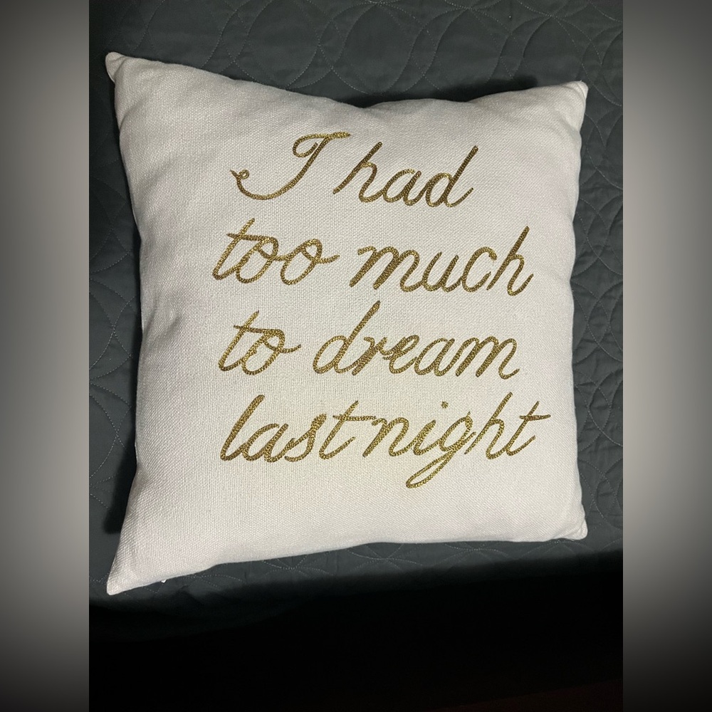Embroidered Quote Pillow "I had too much to dream last night" - White & Gold